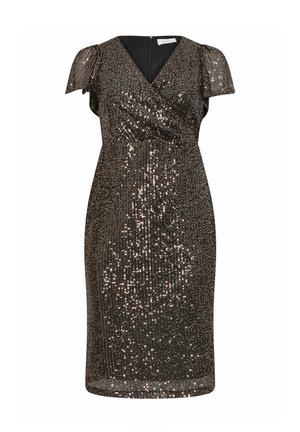 Schwarzes Pailletten-Kleid mit kurzen Volantärmeln, V-Ausschnitt und taillierte Silhouette. Wichtige Merkmale sind die strukturierte Oberfläche und der Reißverschluss auf der Rückseite.