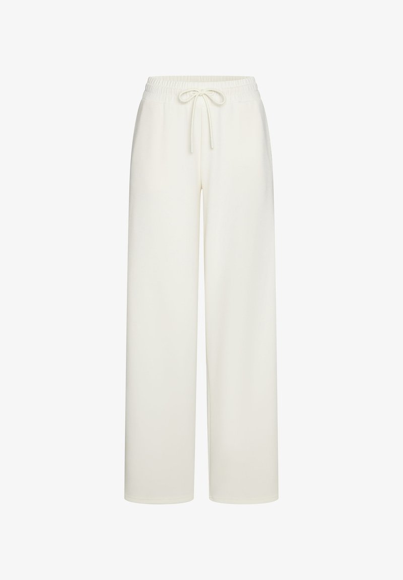 Hlače širokih nogavica od mekog bijelog materijala s elastičnim pojasom i vezicom. Dizajn se odlikuje glatkom teksturom i minimalističkim stilom.