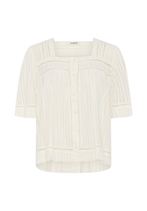 Blouse blanche à rayures avec des manches courtes, dotée d'un décolleté carré, d'une fermeture à boutons et de découpes délicates le long des coutures. Tissu doux et léger.