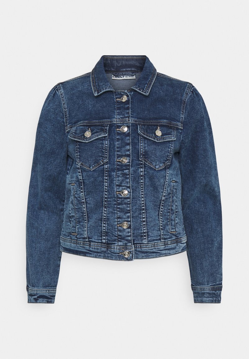 Jeansjacka i mörkblått, med klassisk krage, knäppning, två bröstfickor och en lätt urtvättad yta.