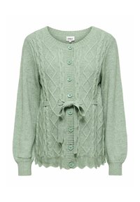 Svetlo zelena pletena kardigan s diamantnimi vzorci, dolgimi rokavi, zaobljenim ovratnikom in usklajenimi gumbi ter detajlom vezane pasu.