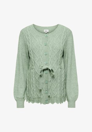 Jasnozielony dzianinowy kardigan z wzorem w romby, długimi rękawami, okrągłym dekoltem oraz dopasowanymi guzikami i detalem w postaci przewiązanego pasa.