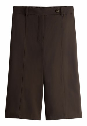 Braune Shorts aus leichtem Stoff, mit zwei vorderen Taschen, einem Knopfverschluss und einem flachen Vorderdesign mit glatter Textur.