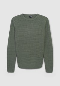 Maglione verde lavorato a maglia con un motivo testurizzato, colletto rotondo e maniche lunghe. Presenta polsini e orlo a costine.