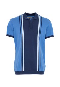 Kék póló felső, sötétkék csíkokkal, gombos gallérral, rövid ujjak sötétkék mandzsettával és szegéllyel. Texturált kötött anyag részlet.