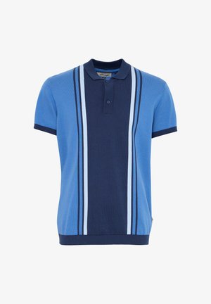 Blue polo shirt featuring navy blue stripes, a buttoned collar, and short sleeves with solid navy cuffs and hem. Textured knit fabric detail.