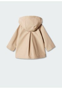 Beige Mantel mit Kapuze, lange Ärmel und einem gefalteten Rückendesign. Glattes Material mit einem schlichten, klaren Schnitt.