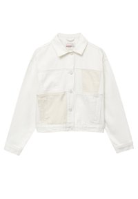 Biała dżinsowa kurtka o skróconym fasonie, z dwiema przednimi kieszeniami w jaśniejszym odcieniu, zapięciem na guziki i klasycznym kołnierzem. Teksturowana tkanina.