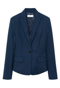 Blazer bleu marine ajusté, avec un col à revers cranté, une fermeture à un bouton noir, deux poches avant et une doublure intérieure lisse.