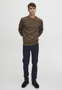 Brun sweatshirt med rund hals, ribbestrikkede mansjetter og kant, sammen med mørke jeans og svarte sko. Modellen står med hendene bak ryggen.
