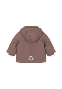 Blouson isolant marron avec capuche, doté d'un col doublé en polaire verte et de poignets côtelés. Logo blanc affiché dans le dos.