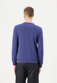 Paarse sweatshirt met lange mouwen, ribgebreide halslijn en manchetten, gemaakt van zachte stof, met een rechte zoom, gedragen met zwarte broek.