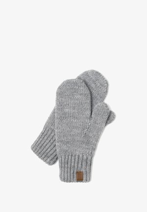 Gray knitted mittens with ribbed cuffs, featuring a textured pattern and a brown label on the side. Soft material, warm design.
