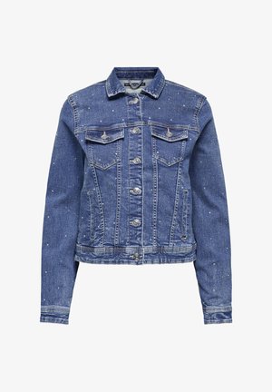 Zila džinsa jaka ar apkakli, garām piedurknēm un divām krūšu kabatām; rotāta ar sudraba studiem un metāla pogām.