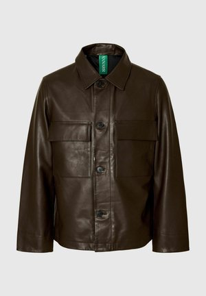 Brown leather jacket with a collared neckline, front button closure, two chest pockets, and long sleeves. Smooth texture with a matte finish.