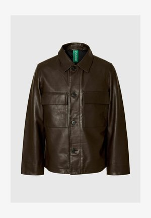 Brown leather jacket with a collared neckline, front button closure, two chest pockets, and long sleeves. Smooth texture with a matte finish.
