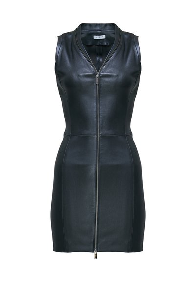 Robe en cuir noire sans manches avec une fermeture éclair à l’avant, du col à l'ourlet, avec une taille ajustée et un col rond.