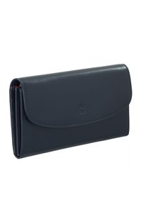 Navy leather wallet featuring a curved flap closure, embossed logo, and red accent stitching. Slim design with multiple card slots and compartments.