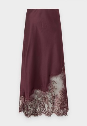 Μπορντό μίντι φούστα με λείο ύφασμα στο πάνω μέρος και τελείωμα με δαντέλα σε σχήμα κυματιστών άκρων με λουλουδένια σχέδια.