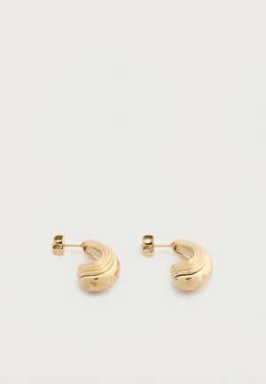 Pair of small gold hoop earrings with a twisted design and subtle star engravings, shown from the front with butterfly backings.