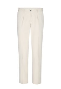 Beige Hose aus weichem Stoff, mit flachem Bund, zwei Falten, Knopfverschluss und geradem Bein.