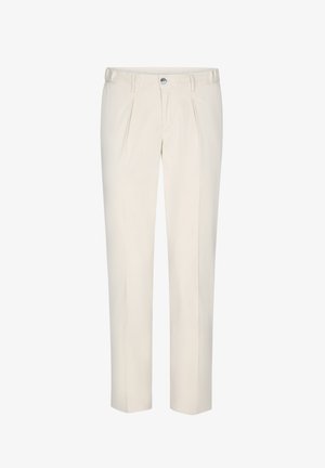 Beige Hose aus weichem Stoff, mit flachem Bund, zwei Falten, Knopfverschluss und geradem Bein.
