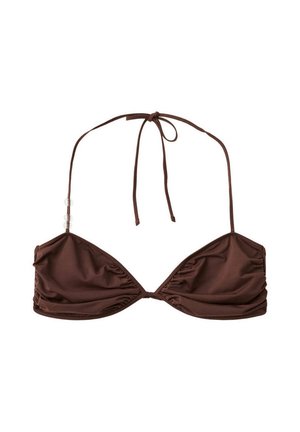 Brązowy trójkątny top bikini z wiązaniem na szyi oraz marszczonym materiałem na miseczkach.
