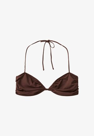 Smeđi trokutićasti gornji dio bikinija s halter vezicom oko vrata i nabrani detalj na šalici.