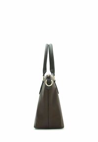 Borsa a tracolla in pelle marrone con forma triangolare, texture liscia e doppio manico. Presenta un dettaglio di attacco a forma di anello di colore dorato.