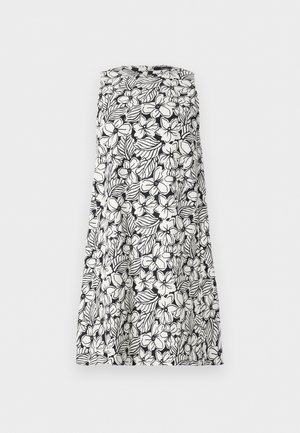 Μαύρο και άσπρο φόρεμα χωρίς μανίκια με μοτίβο από λουλούδια και φύλλα, σχεδίαση χωρίς τιράντες και σιλουέτα Α-γραμμής.