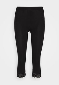 Sorte leggings med en tætsiddende pasform, der har en spidsdyret kant ved sømmen. Lavet af et glat, elastisk materiale for komfort og fleksibilitet.