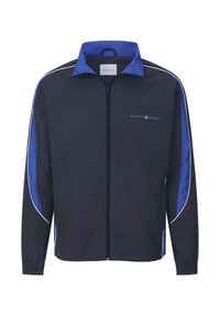 Marineblaue Jacke mit Reißverschluss und einem blau-weißen Akzentdesign, ausgestattet mit elastischen Bündchen und einem Kragen. "BABISTA SPORTS" Logo ist sichtbar.