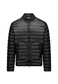 Giacca a vento nera con chiusura a zip frontale, colletto alto e design trapuntato orizzontale. Presenta due tasche frontali e una finitura liscia.