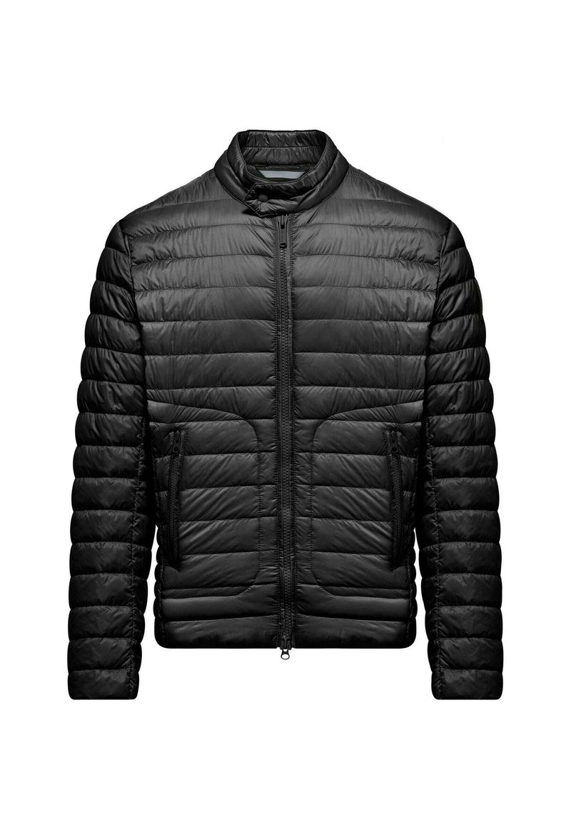 Giacca a vento nera con chiusura a zip frontale, colletto alto e design trapuntato orizzontale. Presenta due tasche frontali e una finitura liscia.