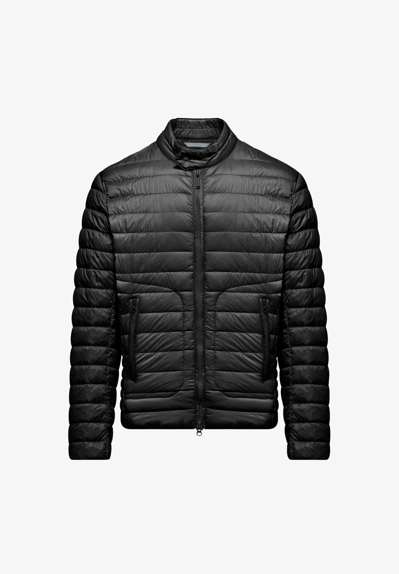 Giacca a vento nera con chiusura a zip frontale, colletto alto e design trapuntato orizzontale. Presenta due tasche frontali e una finitura liscia.