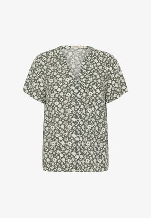 Blusa floreale a maniche corte in verde oliva con motivo a fiori bianchi, scollatura a V e cinque bottoni abbinate lungo il fronte.