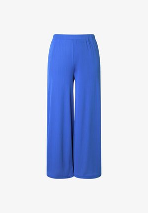 Pantalon bleu à jambes larges avec taille élastique, fabriqué en tissu léger et texturé, présenté sur fond blanc.