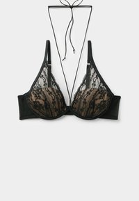 Black lace bra with triangular cups, featuring a floral pattern, mesh band, and adjustable ties at the back. Soft texture and intricate design.