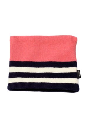 Scaldacollo lavorato a maglia in corallo e blu navy con strisce bianche. Presenta una texture a coste e un'etichetta con il logo sul lato.