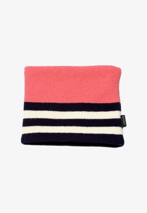 Gebreide nekwarmer in koraal en marineblauw met witte strepen. Heeft een geribbelde textuur en een logolabel aan de zijkant.