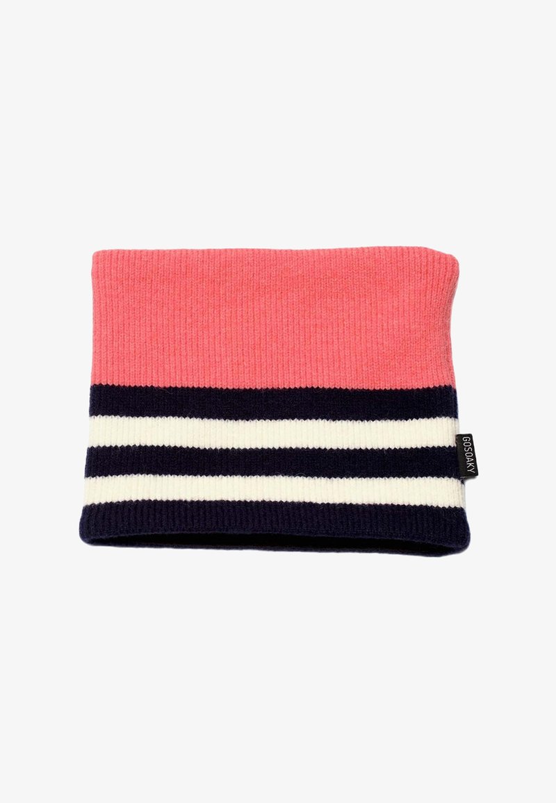 Scaldacollo lavorato a maglia in corallo e blu navy con strisce bianche. Presenta una texture a coste e un'etichetta con il logo sul lato.