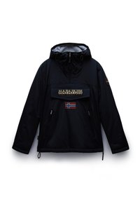 Black nylon jacket with a hood, featuring a prominent zippered pocket, embroidered logo, and Norwegian flag patch. Textured fabric, adjustable hem.