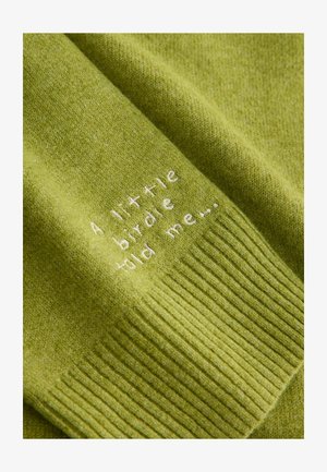 Tessuto lavorato a maglia verde con una texture a costine, caratterizzato da ricami bianchi che recitano "Un uccellino mi ha detto..."