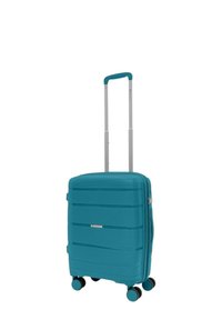 Valigia rigida di colore teal con un design a righe testurizzate, ruote doppie e manico telescopico. Caratterizzata da una chiusura con zip e un'accenno di logo.