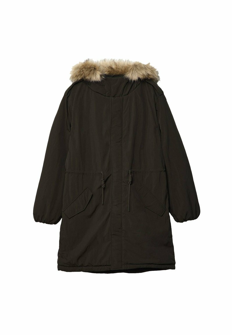 Parka vert olive foncé avec capuche bordée de fourrure, fermeture éclair à l'avant et deux poches frontales. Dispose de poignets élastiqués et d'une taille ajustable avec cordon de serrage.