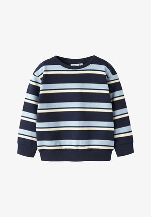Pull à manches longues pour enfants avec rayures horizontales bleues, crème et bleu marine, poignets côtelés et encolure ronde.