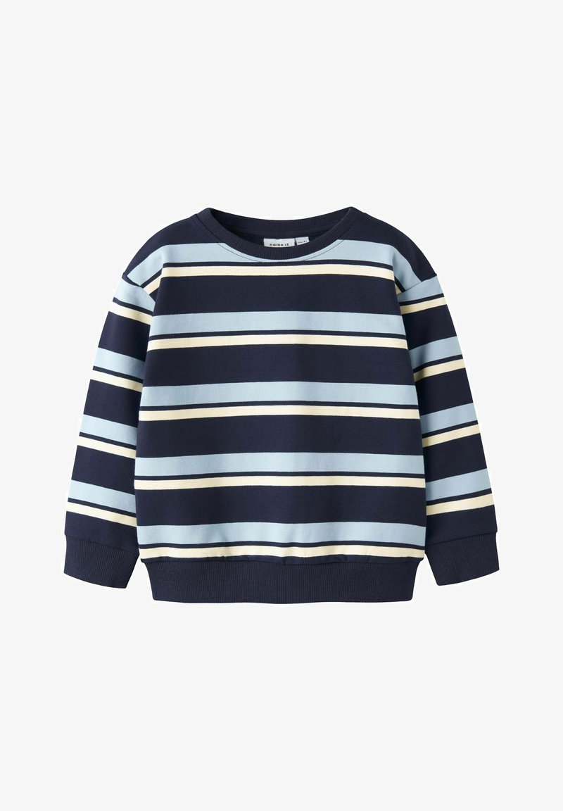 Pull à manches longues pour enfants avec rayures horizontales bleues, crème et bleu marine, poignets côtelés et encolure ronde.