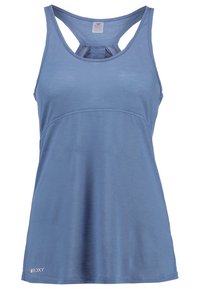 Top deportivo azul sin mangas con un diseño de espalda nadadora, textura suave, corte ajustado y un logo sutil en el dobladillo. Ideal para deportes y uso casual.