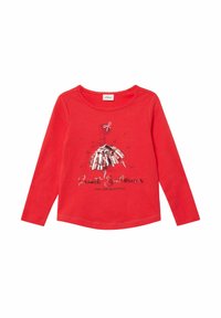 Rotes Langarm-Chemise aus Baumwolle mit einem Ballerina-Graphic, das mit Pailletten, Glitzer und dem Text "Sweet Ballerina YOU ARE BEAUTIFUL" darunter verziert ist.