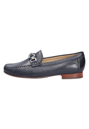 Navy leather loafer with stitched detailing, silver-tone buckle accent, and a low wooden heel. Textured interior for comfort.